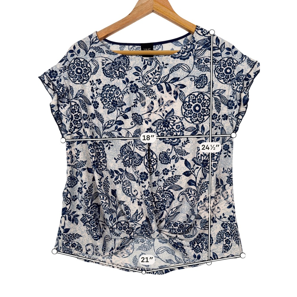 W5 Floral Twist‎ Front Blouse Womens Medium Blue White Paisley Cap Sleeve Top